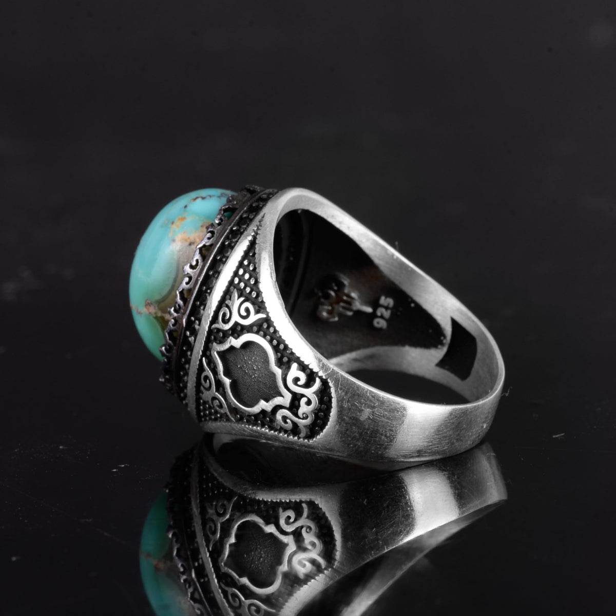 KAMBO Natural Turquoise Stone 925 Sterling Silver Men's Ring - Seljuk Figure Pattern Vintage Statement Jewelry (Style-1) — 7
