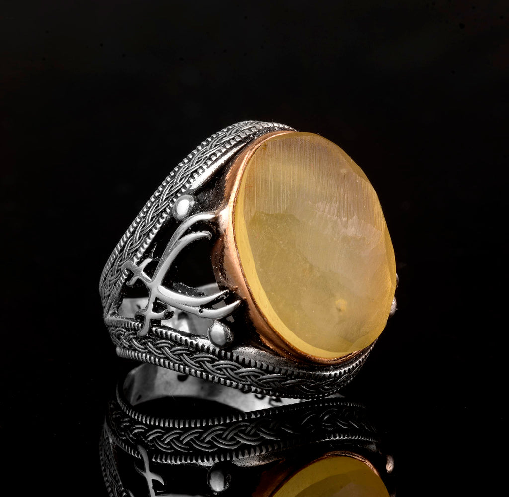 Natural Amber Stone Men's Ring, 925 Sterling Silver — 6