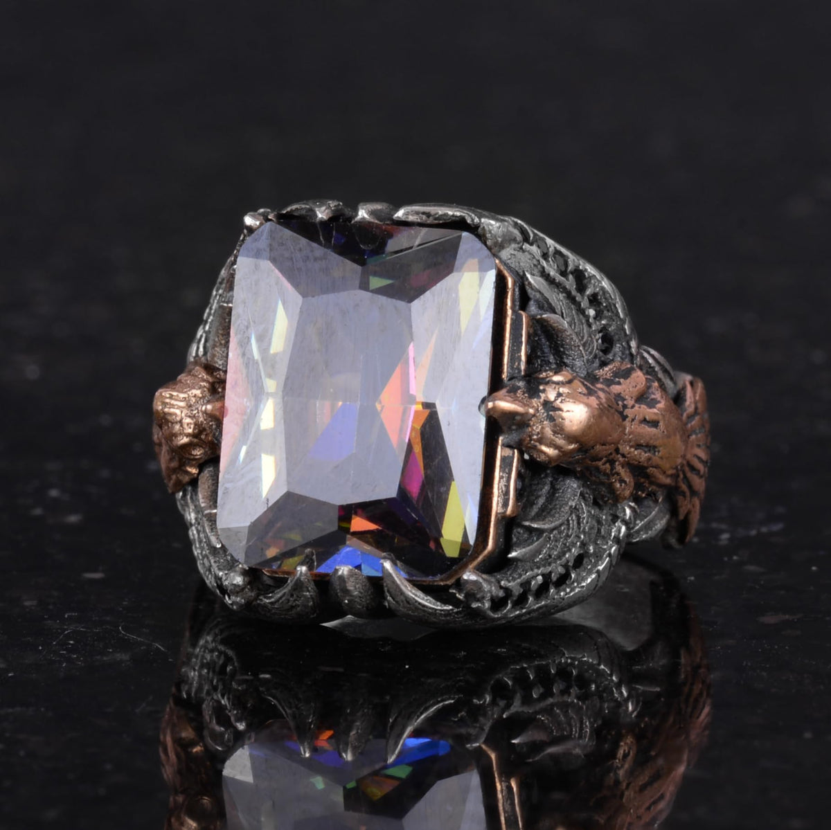 Eagle Symbol Design Gemstone Ring - Handcrafted 925 Sterling Silver — 6