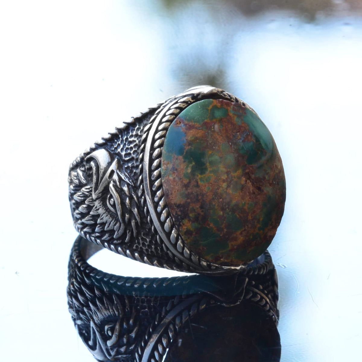 Natural Green Turquoise Hawk Design Ring - 925 Sterling Silver Handmade Men's Jewelry — 6