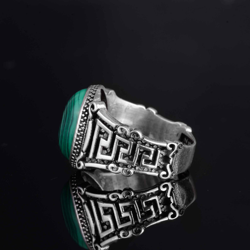 KAMBO 925 Sterling Silver Natural Stone Men's Ring – Labyrinth Pattern Handmade Vintage Statement Ring (Malachite) — 7
