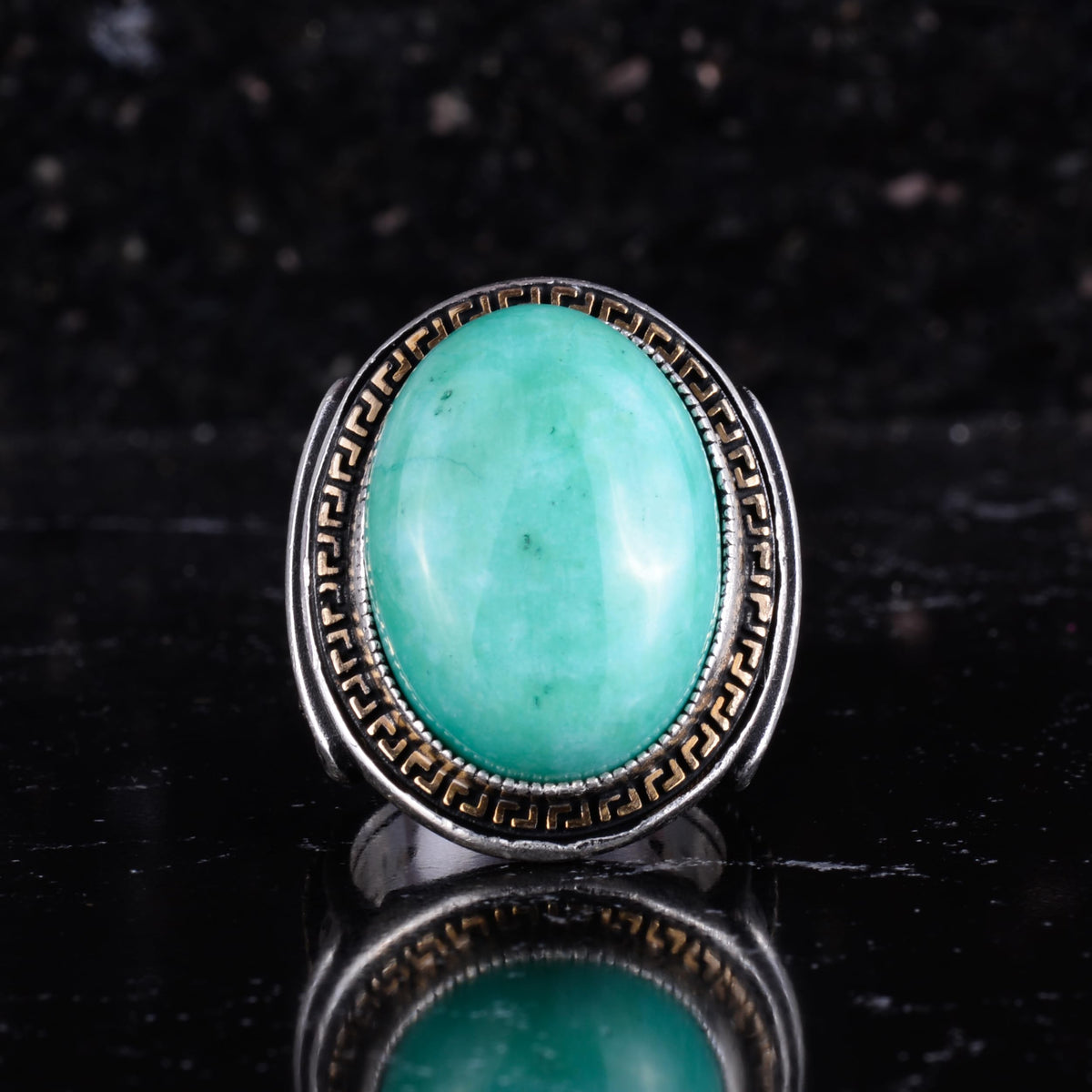 KAMBO Men's Genuine Natural Stone Ring – 925 Sterling Silver Large Statement Ring – Handmade Vintage Design – Dark Silver Ring (Amazonite) — 4