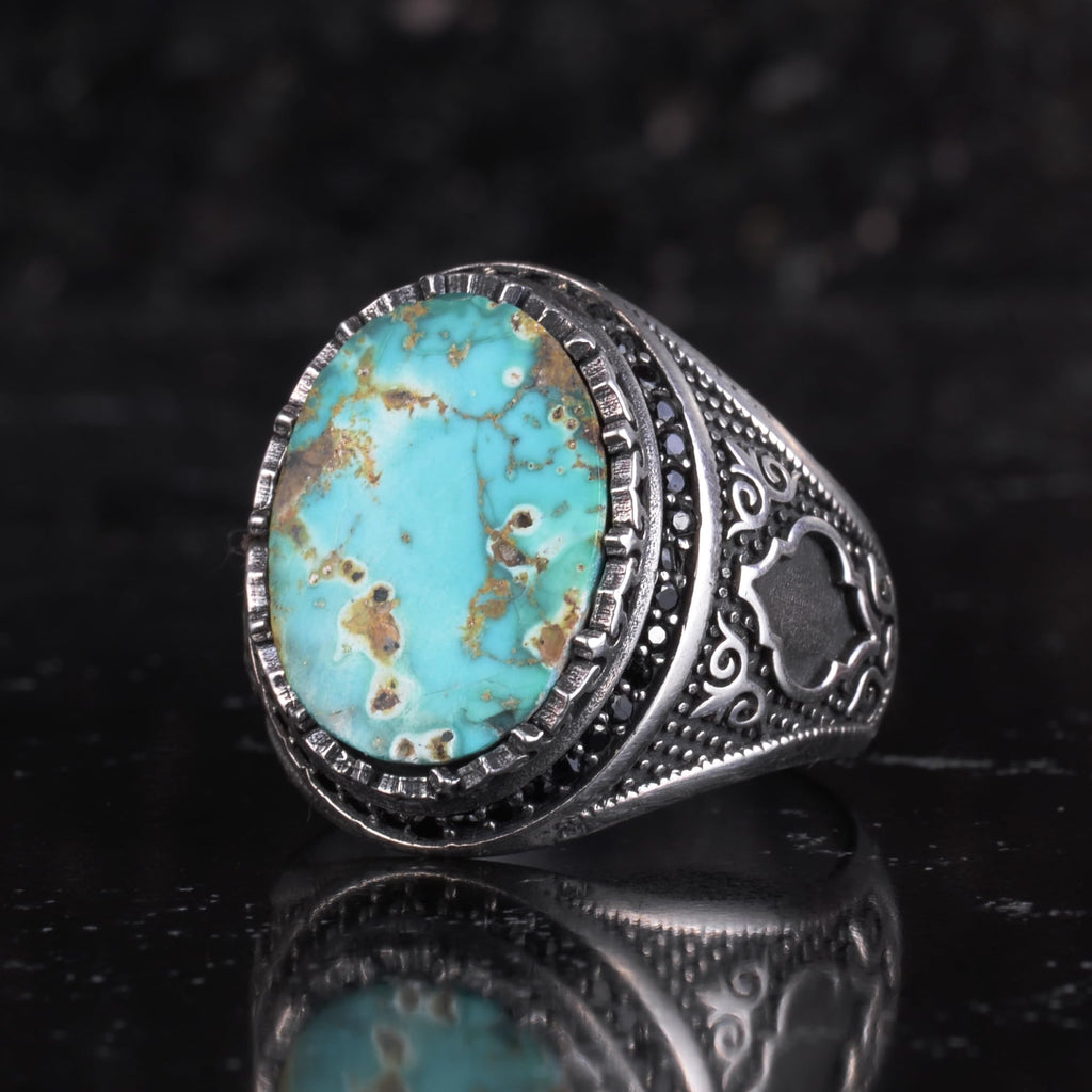 KAMBO Turquoise Stone Men's Ring 925 Sterling Silver – Natural Turquoise Statement Ring – Vintage Ottoman Style Handmade Men's Ring (Turquoise) — 5