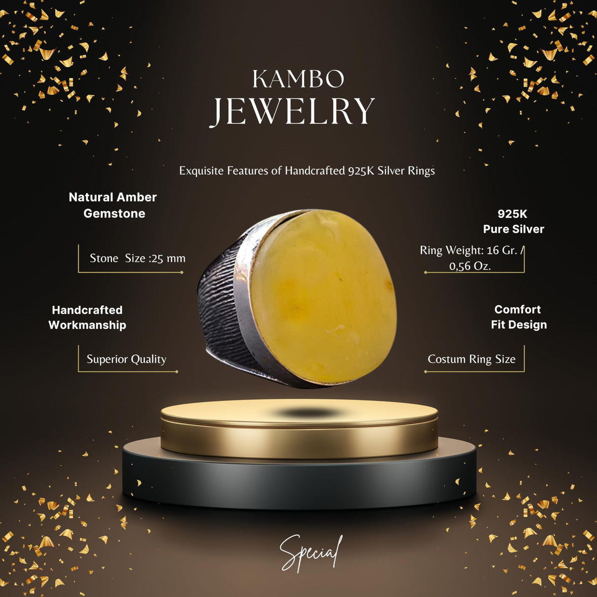 Natural Amber Large Round Stone Ring, 925 Sterling Silver Men's Ring — 2