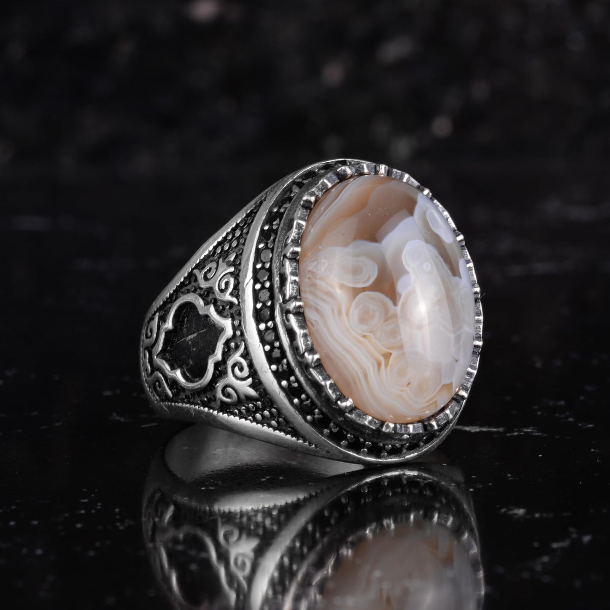 KAMBO Natural Agate Stone Men's Ring – Band Stone – 925 Sterling Silver Handmade Statement Ring – Vintage Ottoman Style Men's Jewelry (Agate-1) — 6