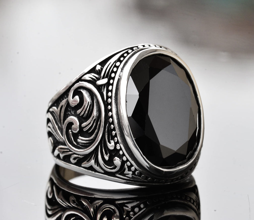 Handmade 925 Sterling Silver Men's Ring with Natural Obsidian Stone, Intricate Band Design, Unique Silver Ring — 4
