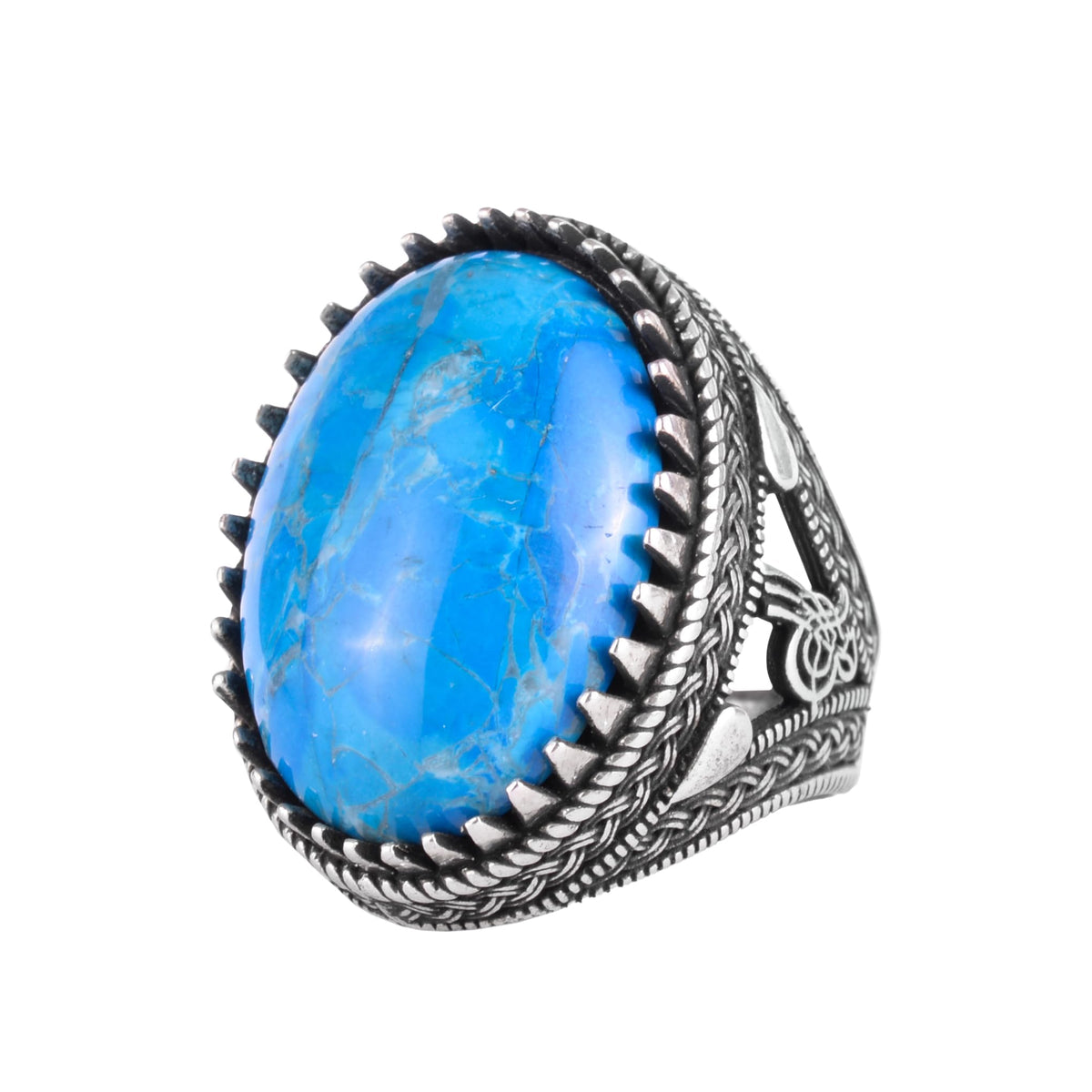 KAMBO Natural Turquoise Stone Ring 925 Sterling Silver Men's Ring Large Oval Stone Handmade Vintage Classic Design