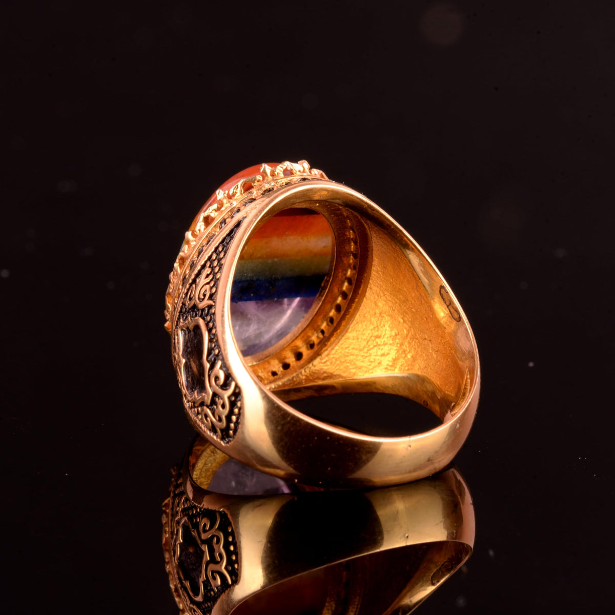 925 Sterling Silver Men's Ring, Real Natural Stone Rainbow Ring — 7
