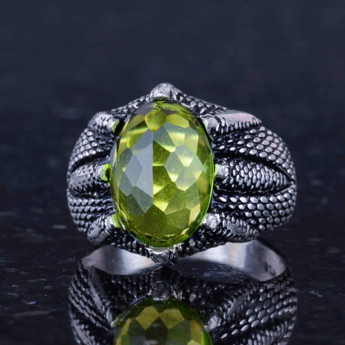 Silver Claw Ring with Synthetic Peridot Stone — 6