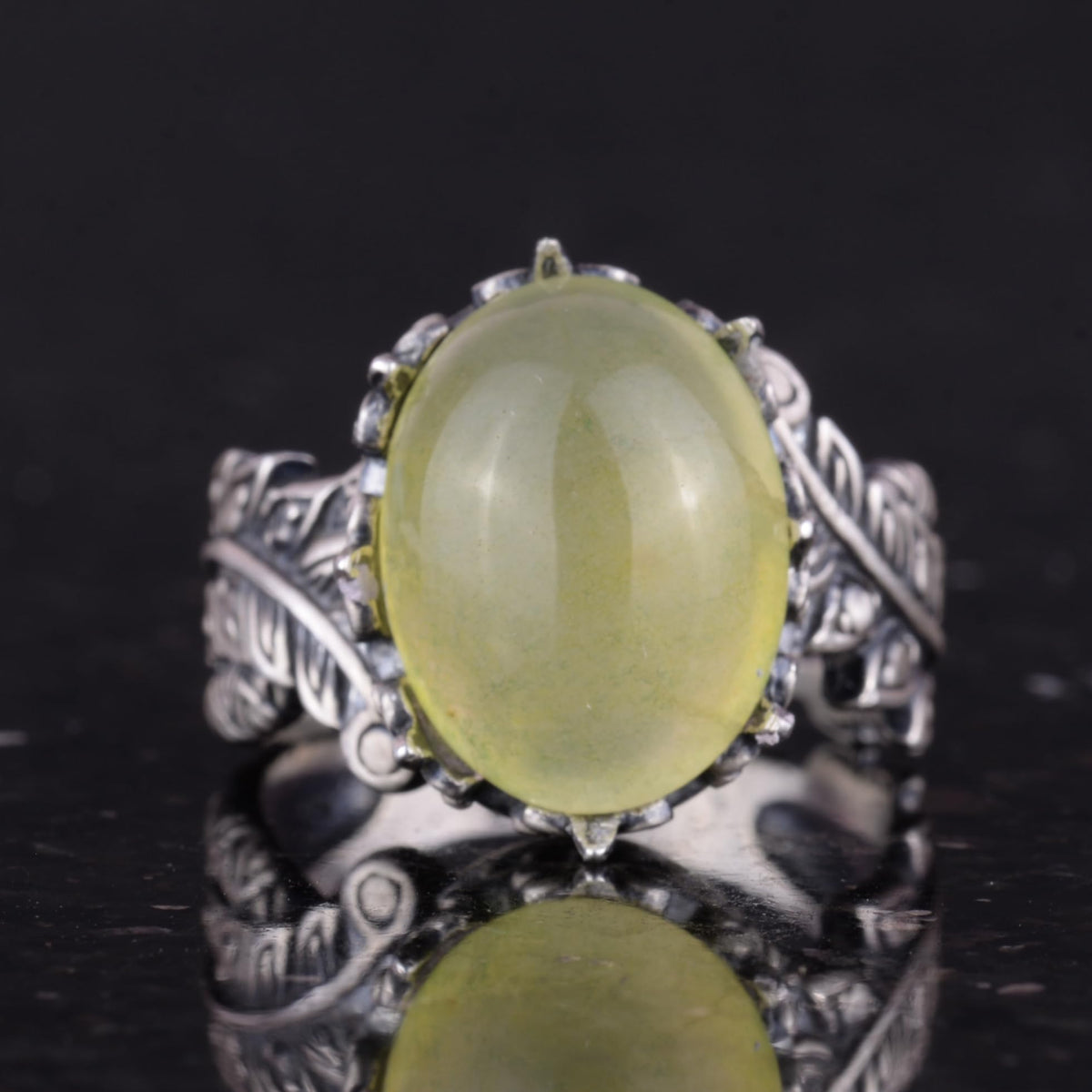 Silver Women's Ring with Natural Prehnite Jade Stone, Vintage Bohemian Design — 4