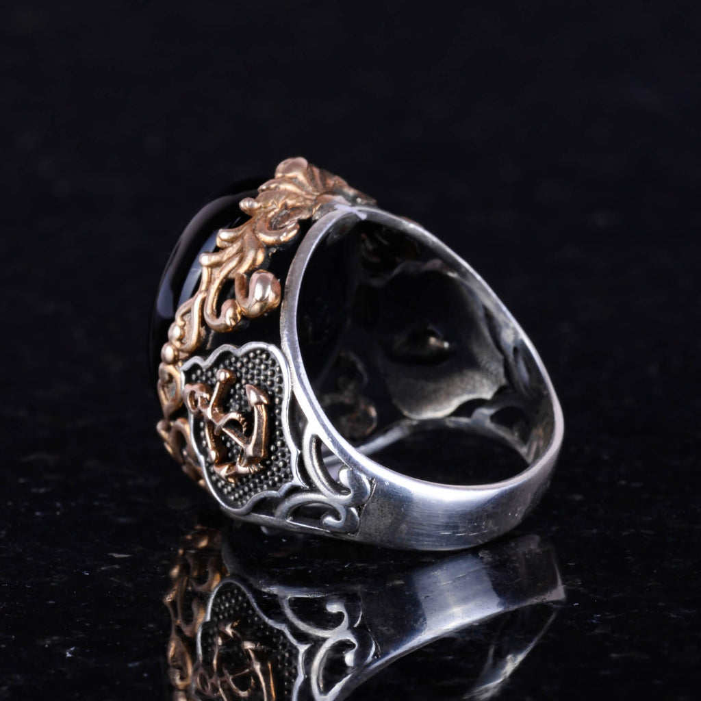 Nautical Anchor Silver Ring, 925 Sterling Silver Ring, Cabochon Onyx Stone Ring — 7