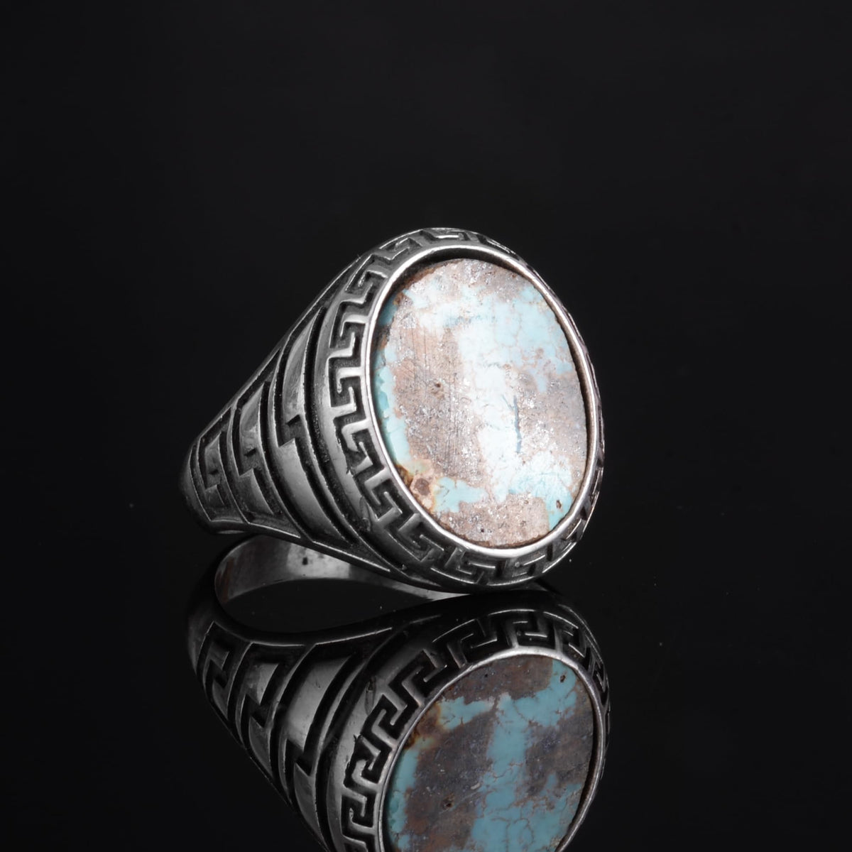 KAMBO Men's Natural Turquoise Stone Ring – 925 Sterling Silver Ring with Maze Side Designs – Handmade Minimalist Descriptive Jewelry (Style-8) — 6