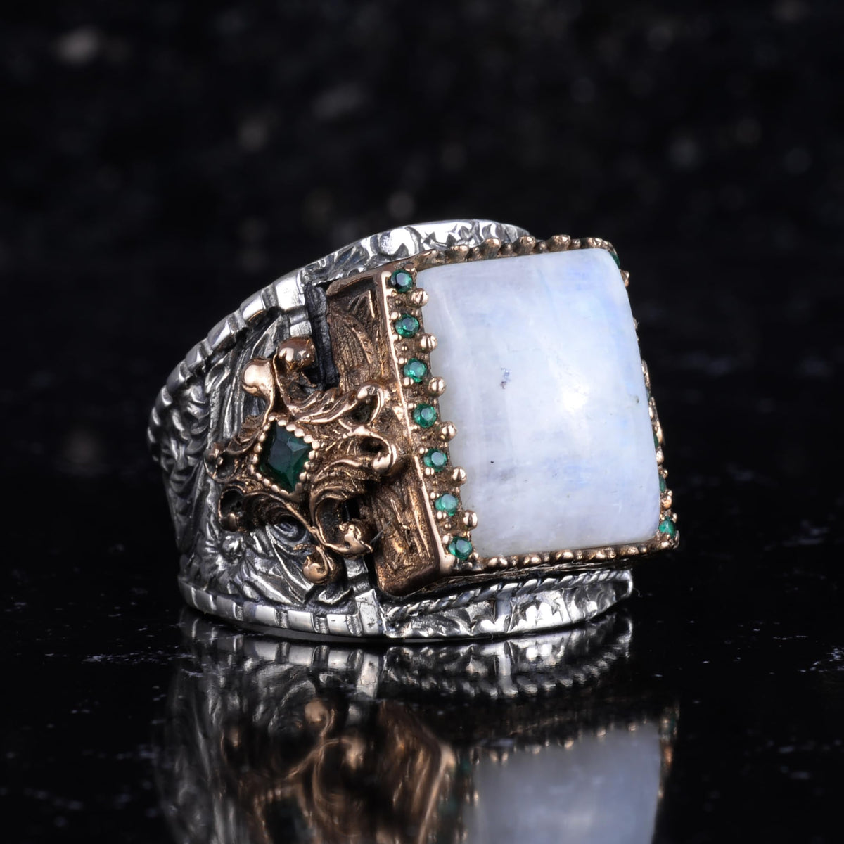 KAMBO Natural Moonstone Men's Ring 925 Sterling Silver – Green Accent Stone Handmade Statement Ring – Vintage Design Jewelry — 6