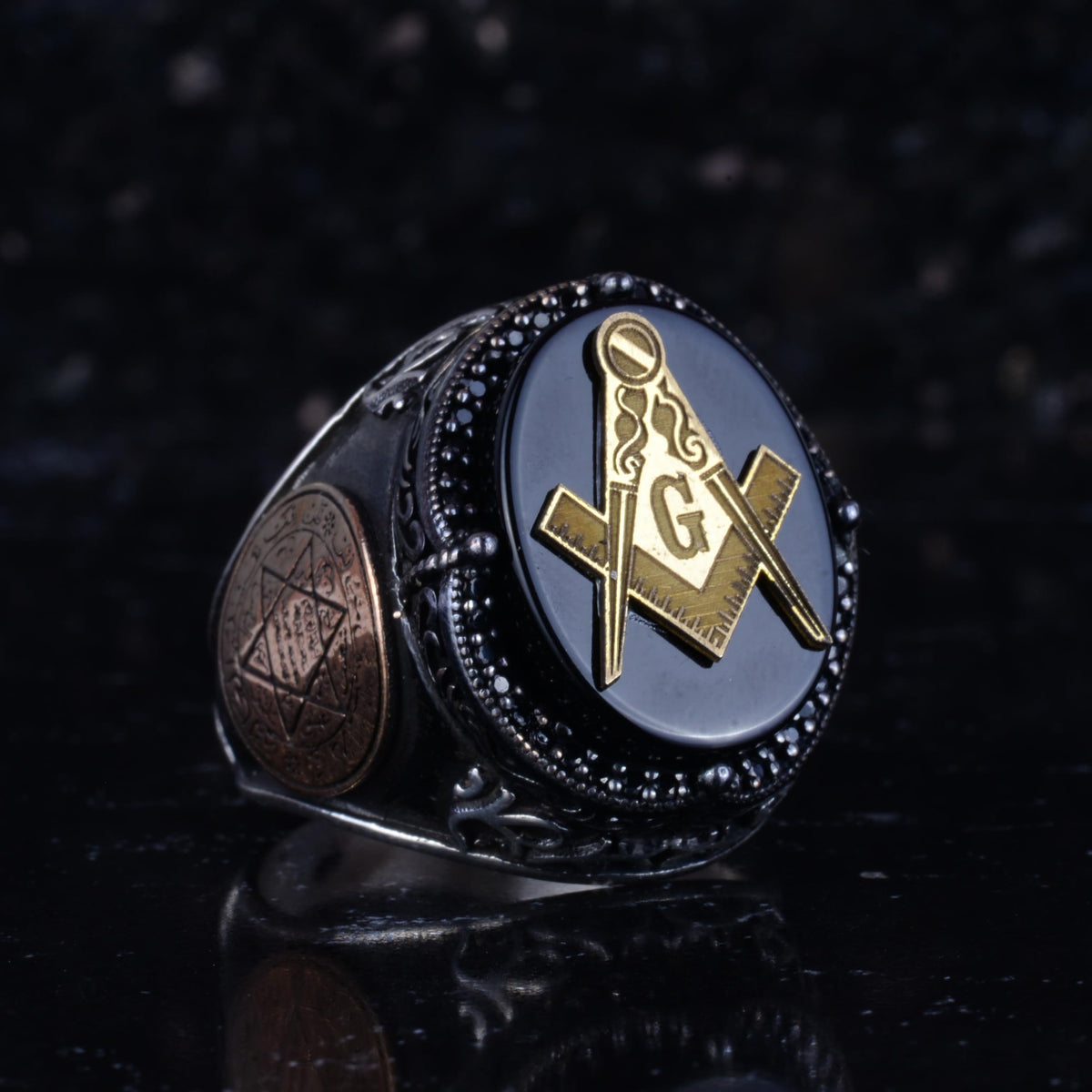 KAMBO Men's Onyx Stone Masonic Square and Compass Symbol Ring – Star of David Details – Statement Ring — 6