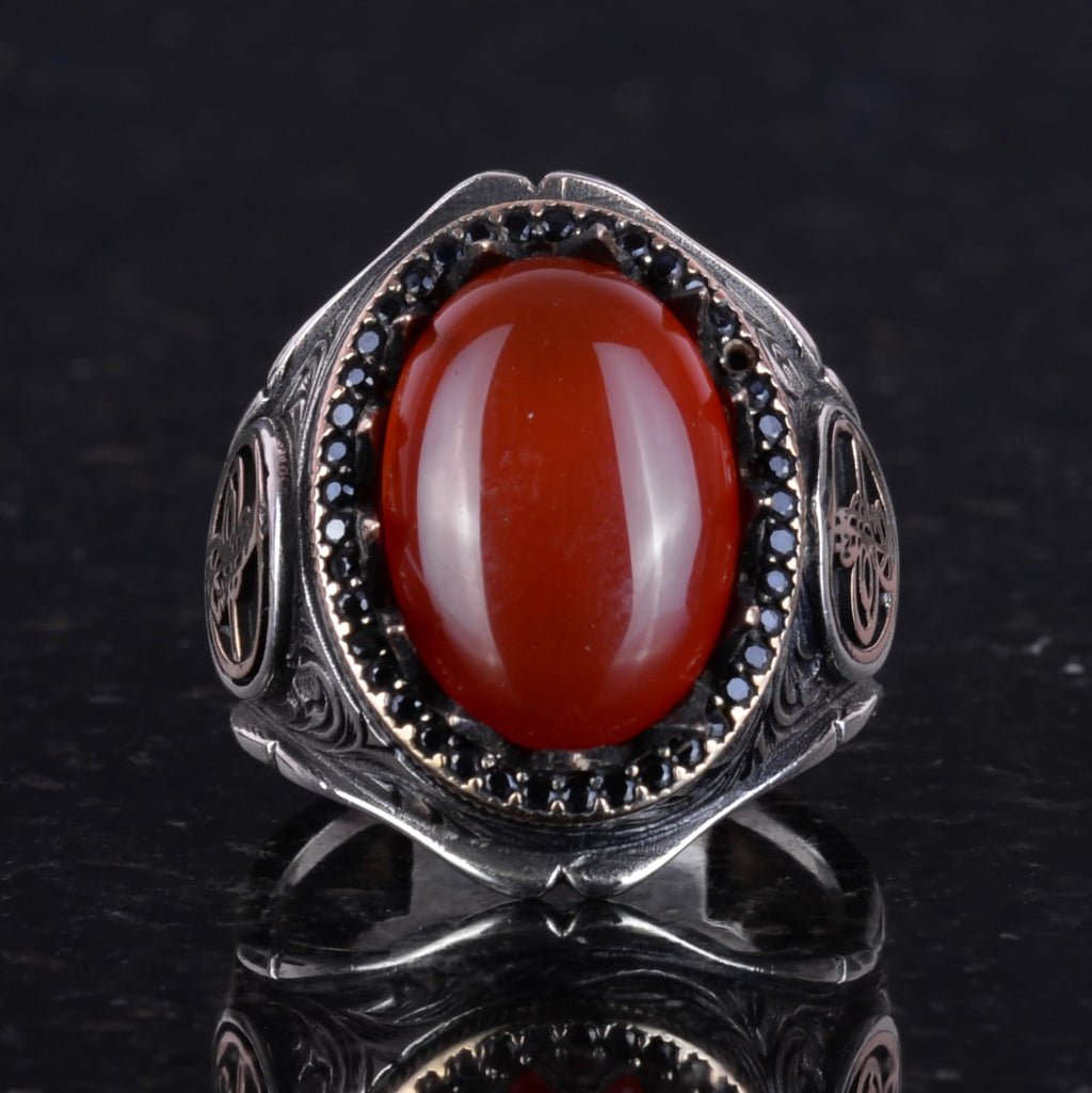 925 Sterling Silver Men's Ring - Red Agate Stone — 2