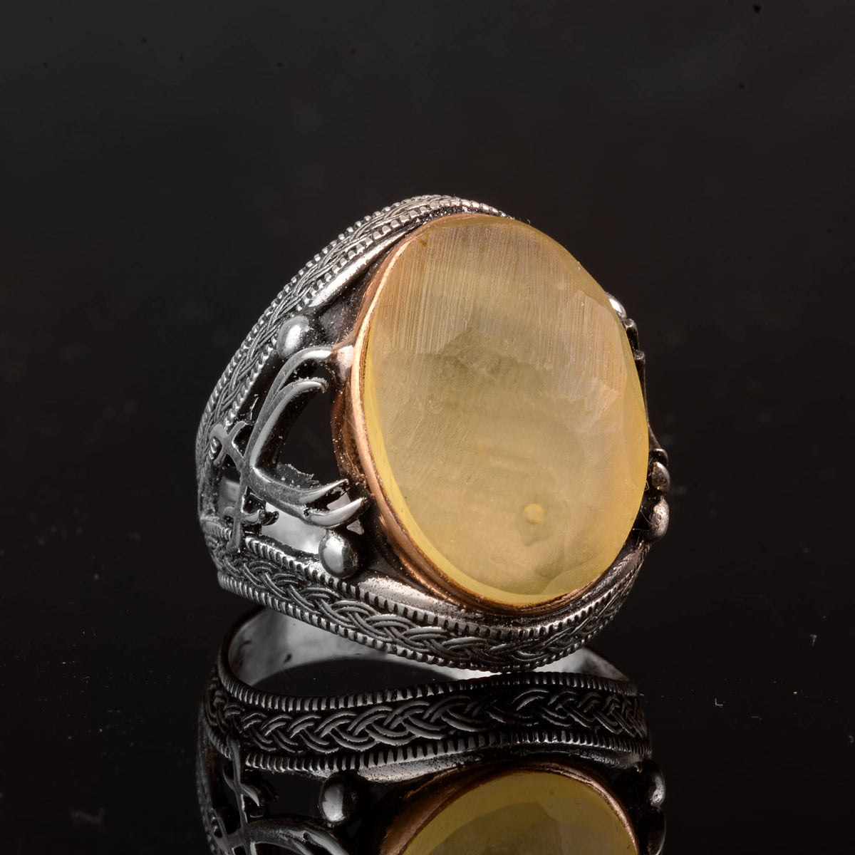 Natural Amber Stone Men's Ring, 925 Sterling Silver — 5