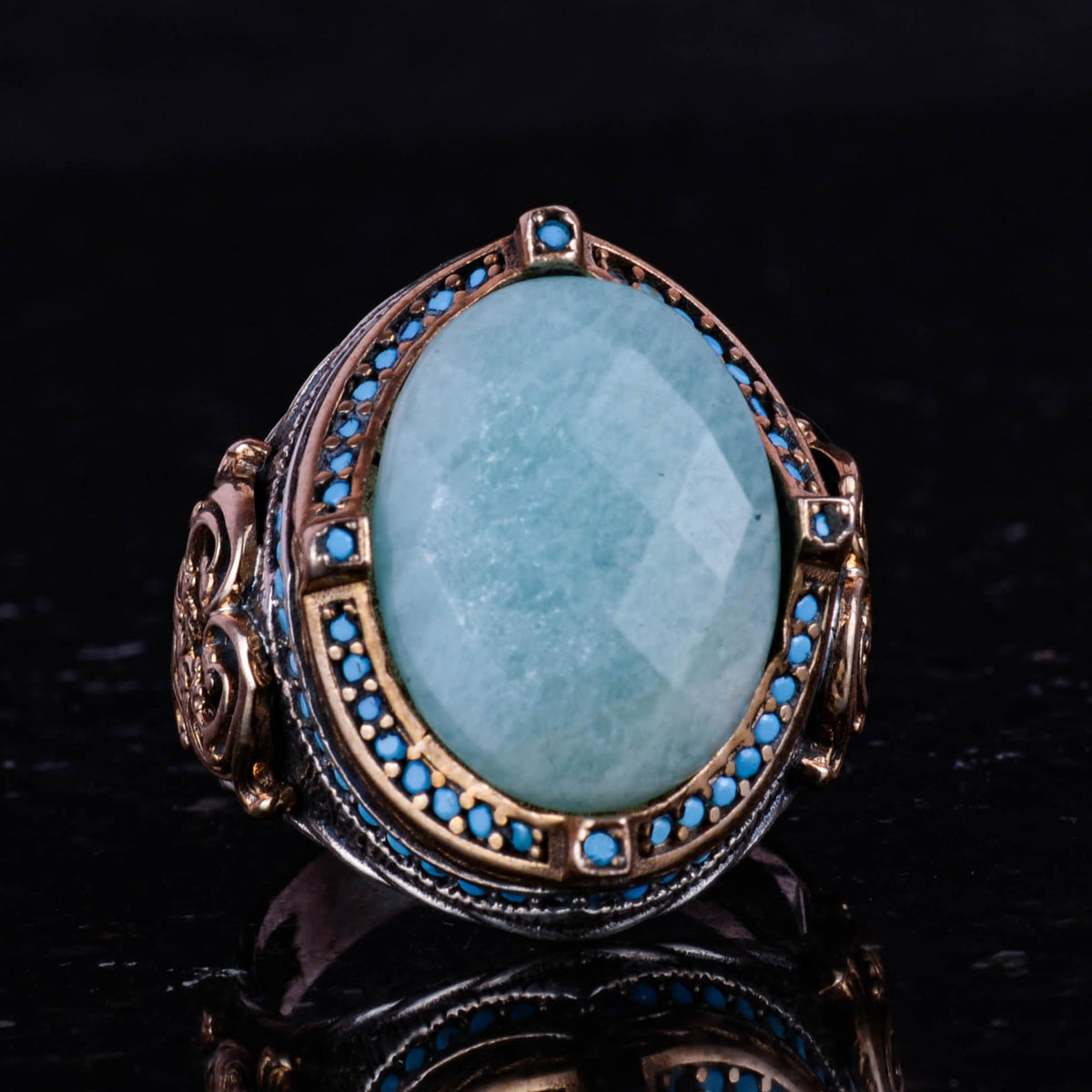 925 Sterling Silver Ring, Natural Amazonite Stone Men's Ring, Handmade Vintage Design — 3
