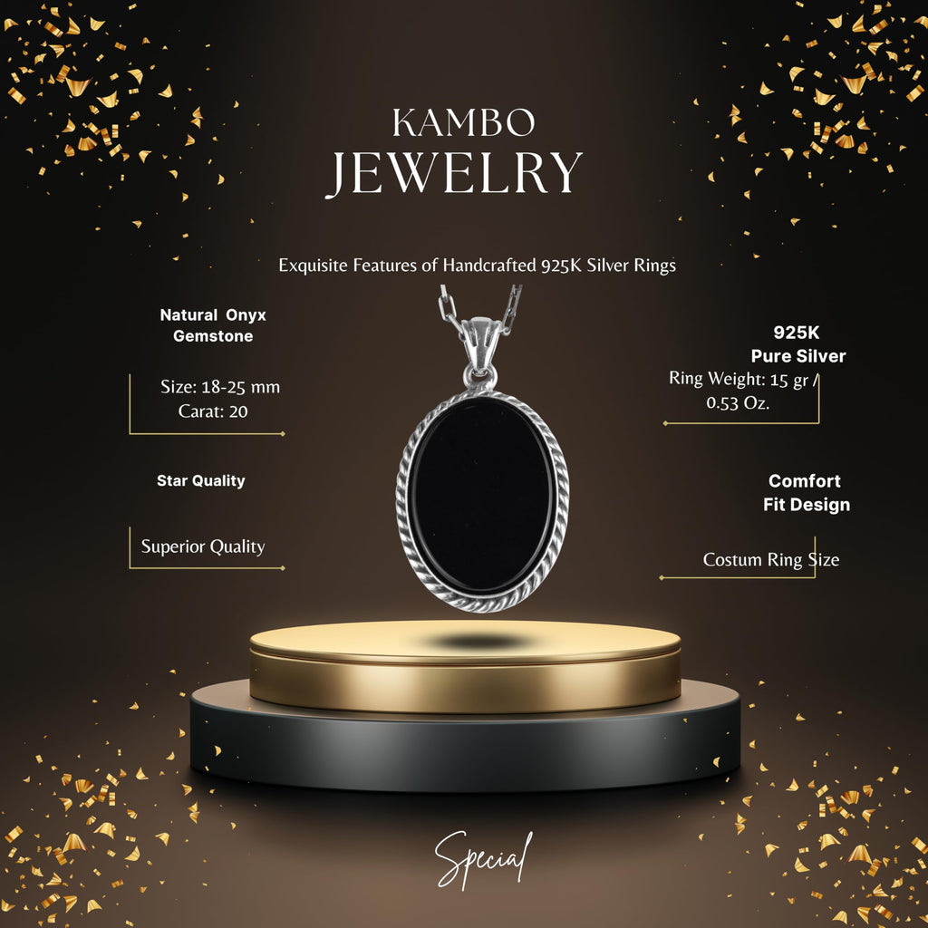 KAMBO Natural Stone Chain Unisex Necklace 925 Sterling Silver – Handmade Oval Description Necklace (Onyx) — 2