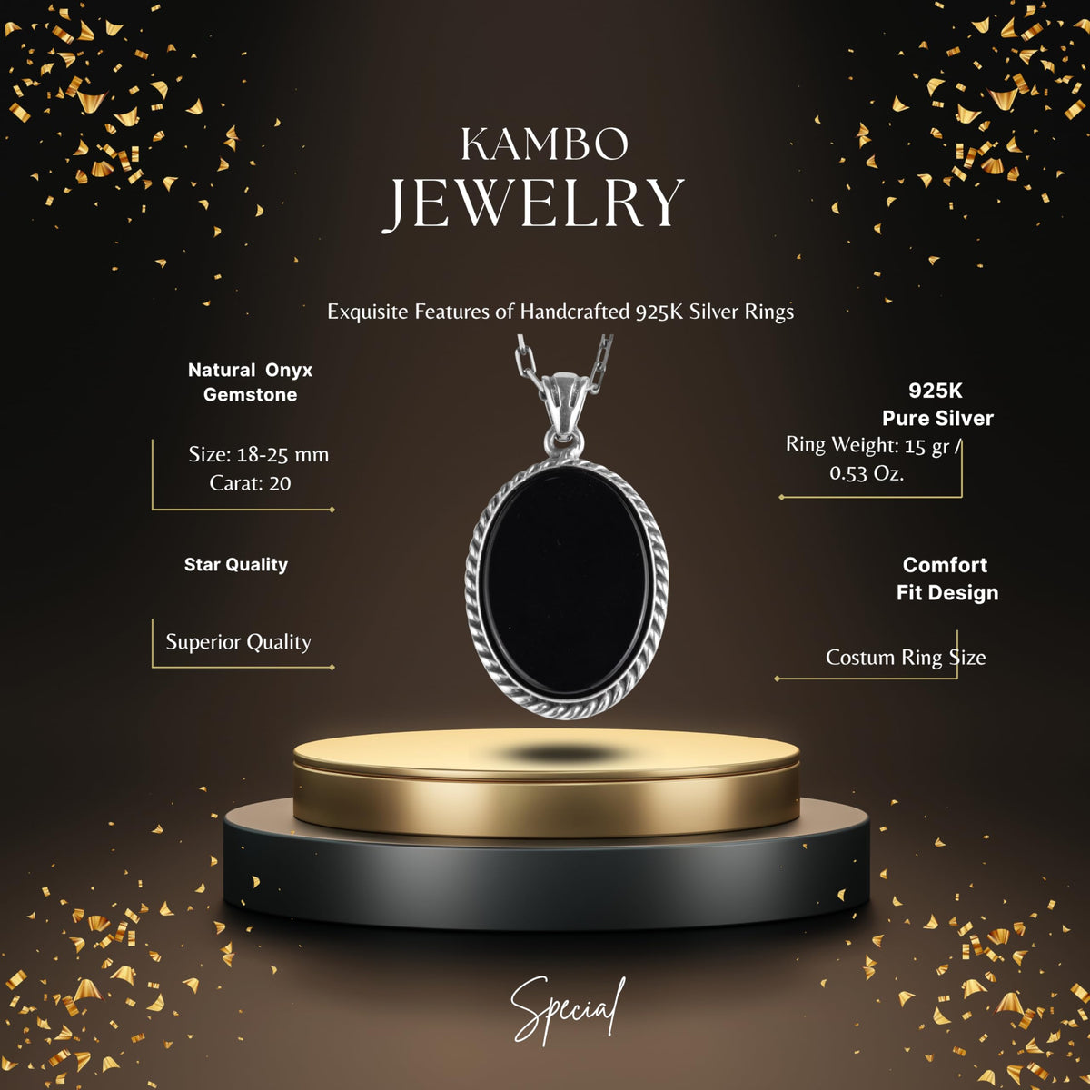 KAMBO Natural Stone Chain Unisex Necklace 925 Sterling Silver – Handmade Oval Description Necklace (Onyx) — 2