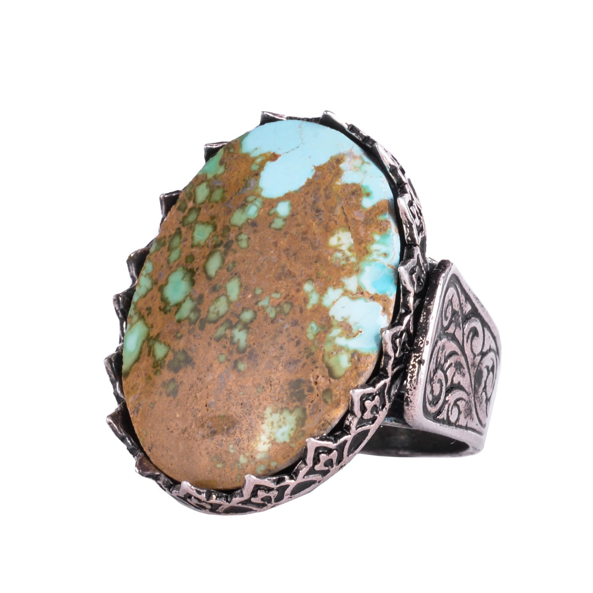 KAMBO Natural Turquoise Large Men's Ring 925 Sterling Silver Oval Statement Ring Raw Stone Vintage Handmade Ring (Turquoise-3)
