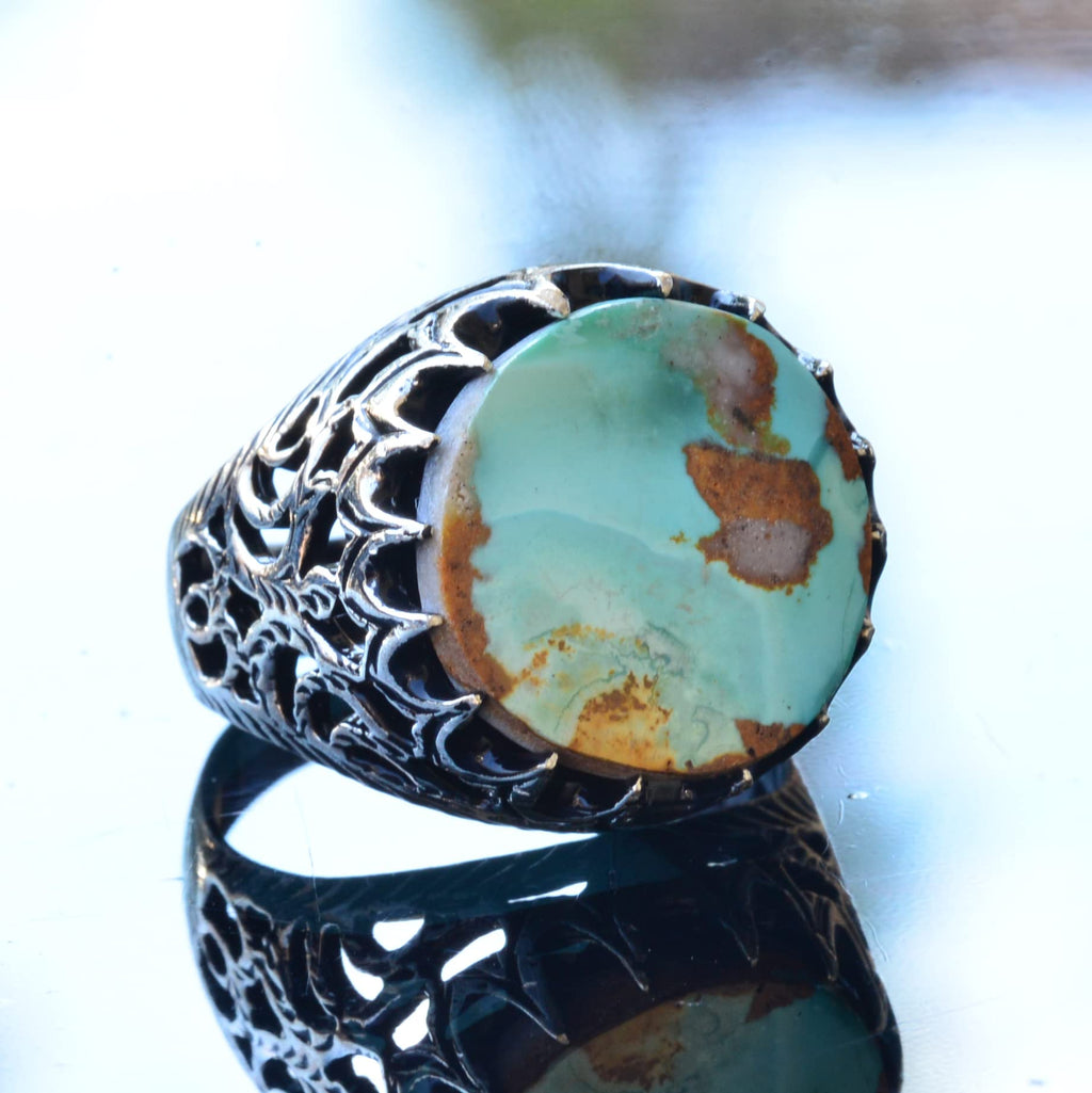 Natural Turquoise Stone Ring, Artistic Design - 925 Sterling Silver Men's Ring, Handmade Elegance — 3