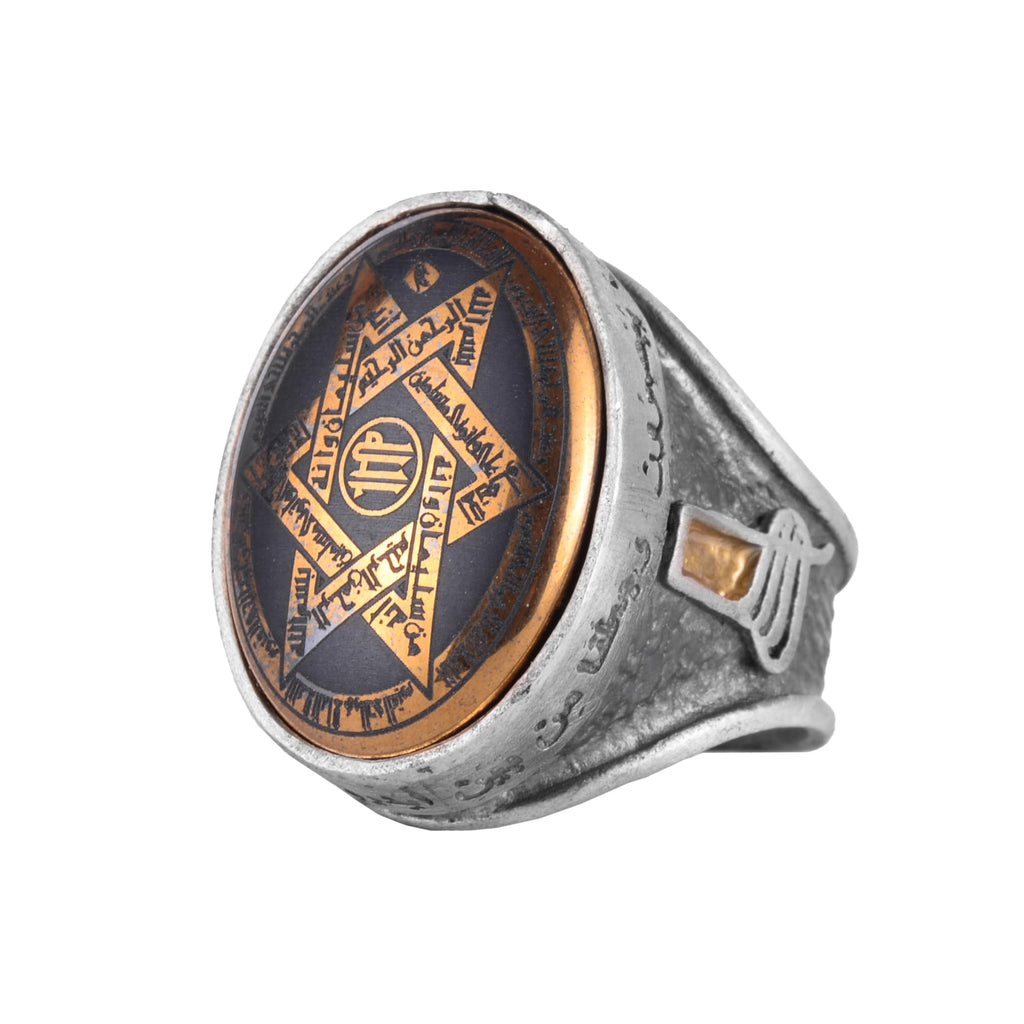KAMBO Hematite Stone Star of David Men's Ring – 925 Sterling Silver Hamsa Hand Symbol and Arabic Calligraphy Oval Seal Ring – Handmade Spiritual Jewelry