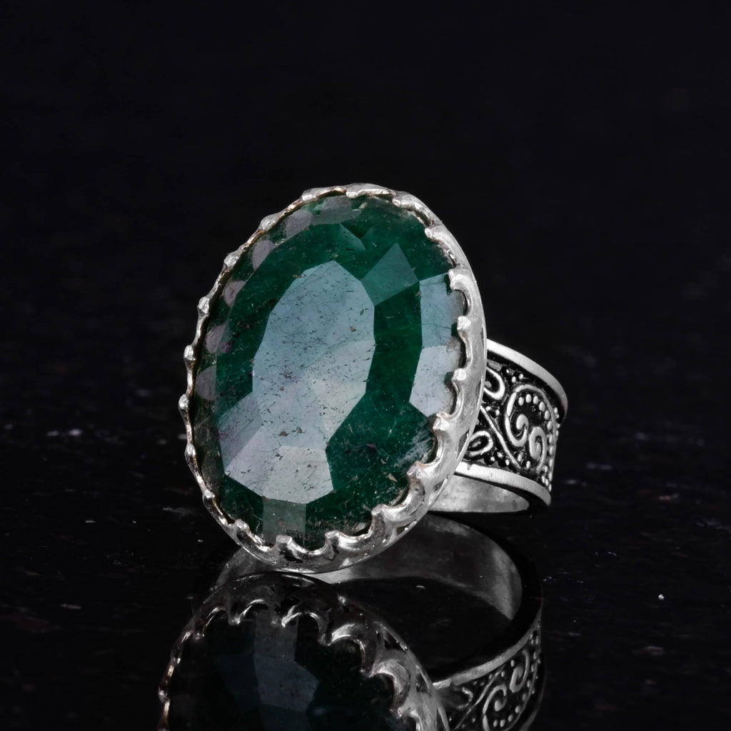 925 Sterling Silver Men's Ring, Natural Emerald Stone Ring — 5