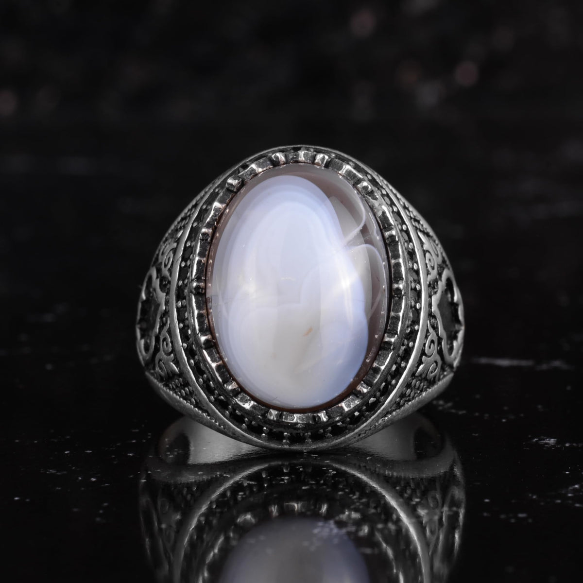 KAMBO Natural Agate Stone Men's Ring – Band Stone – 925 Sterling Silver Handmade Statement Ring – Vintage Ottoman Style Men's Jewelry (Agate-4) — 4