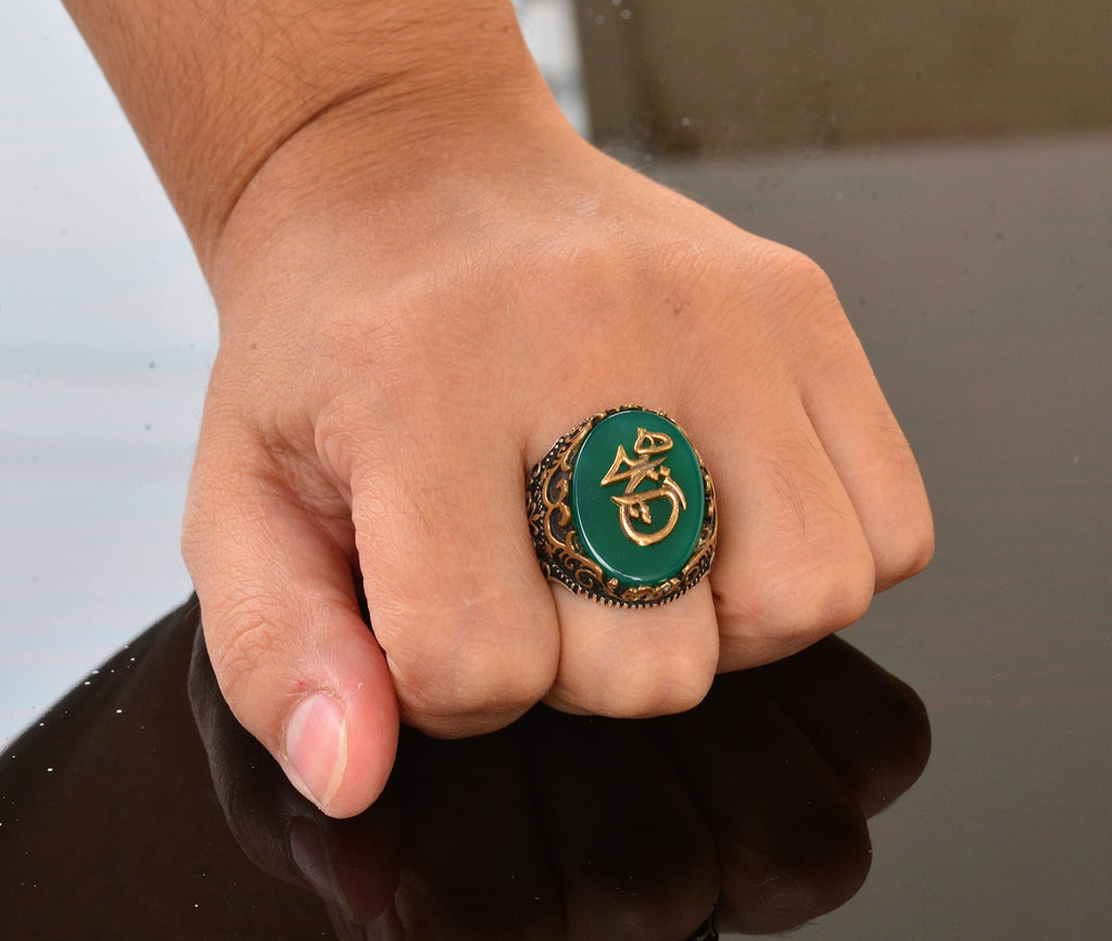 925 Sterling Silver Ring - Symbols Ring - Green Woodstone Ring — 7