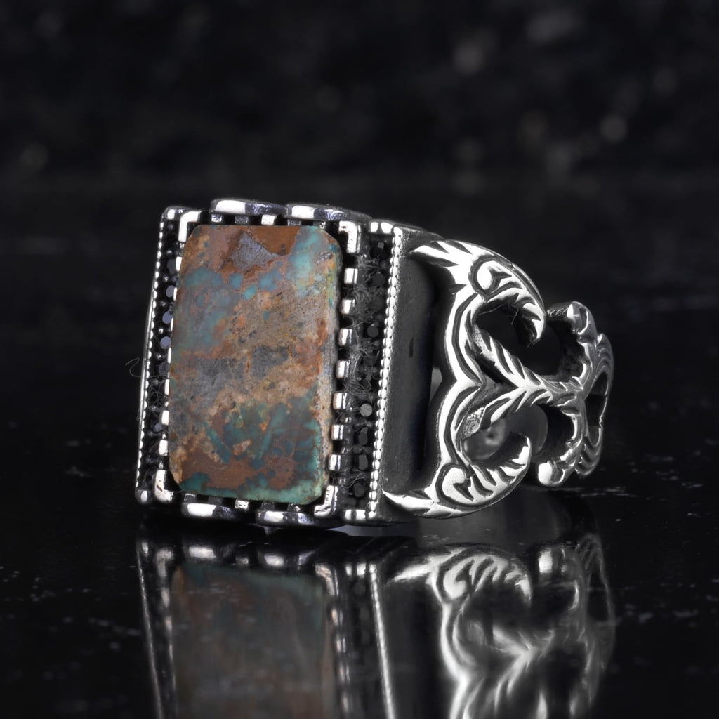 KAMBO Natural Turquoise Stone Men's Ring 925 Sterling Silver Rectangular Handmade Geometric Ring (Turquoise-2) — 5