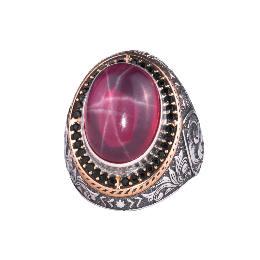 Men's Natural Stone Large Ring – Oval Stone Vintage Byzantine Engraved Statement Ring - Antique Filigree 925 Sterling Silver Jewelry (Star Ruby)