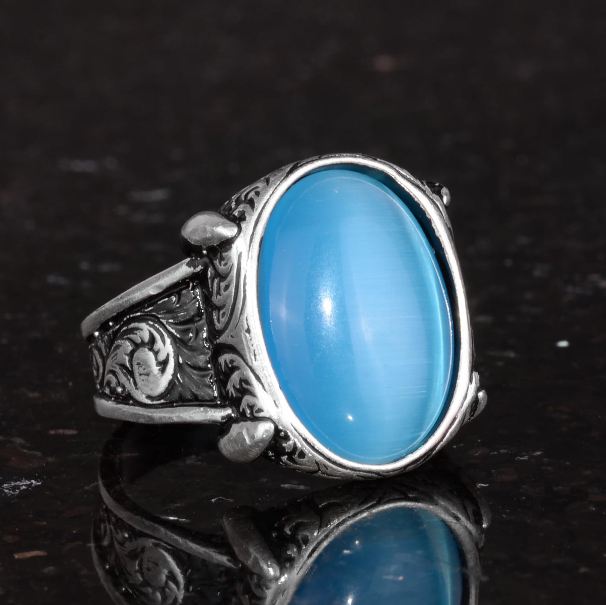 925 Sterling Silver Ring For Men, Created Cat's Eye Stone Ring, Handmade Unique Ring (Created Blue Cats Eye)