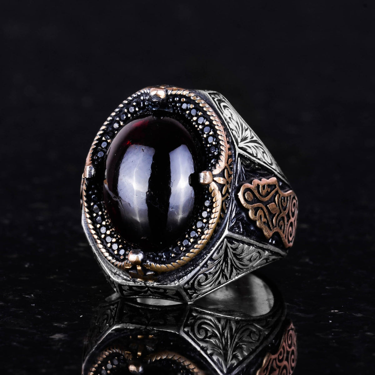 Natural Cabochon Garnet Stone Ring - 925 Sterling Silver Men's Ring — 5