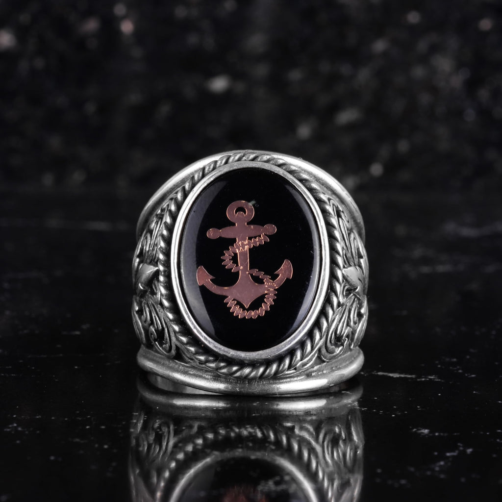 KAMBO Anchor Symbol Men's Ring – Nautical Anchor Engraved 925 Sterling Silver Oval Seal Ring – Sailor Marine Style Statement Jewelry — 4