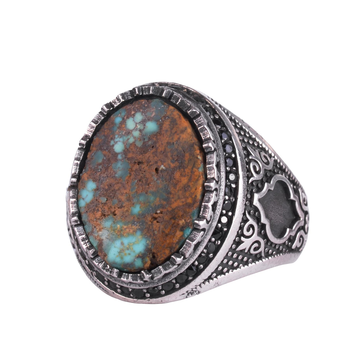 KAMBO Turquoise Stone Men's Ring 925 Sterling Silver – Natural Turquoise Statement Ring – Vintage Ottoman Style Handmade Men's Ring (Turquoise-6)
