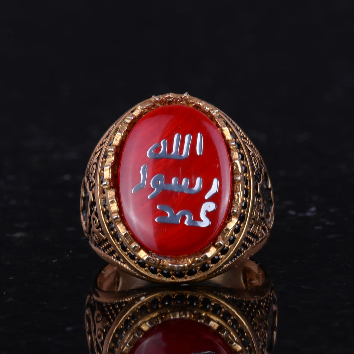 Men's Islamic Ring - 925 Sterling Silver Gold Plated Men's Ring (Red) — 4