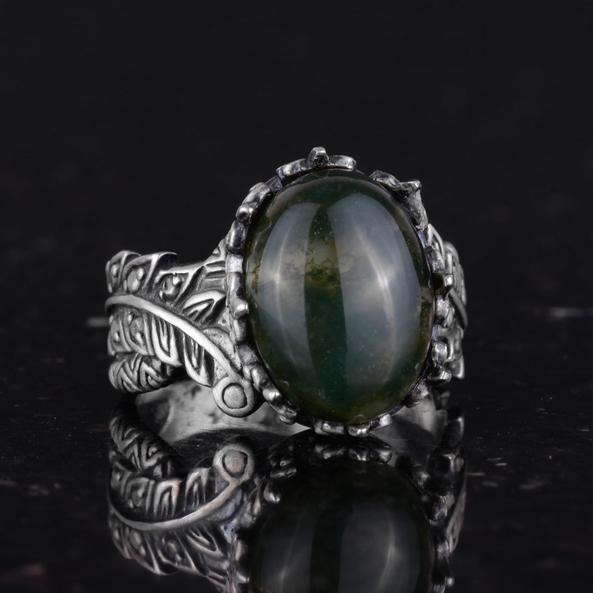 Silver Women's Ring with Natural Moss Agate Stone, Vintage Bohemian Design — 5
