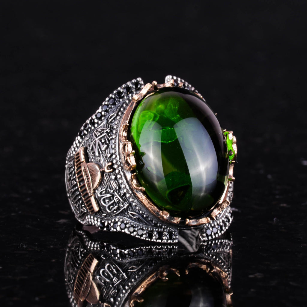 925 Sterling Silver Islamic Men's Ring, Synthetic Peridot Green Stone Ring — 5