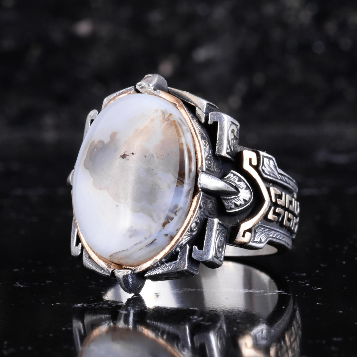 KAMBO Natural Stone Ring 925 Sterling Silver – Handmade Men's Statement Ring Healing Jewelry (Yemen Agate) — 5