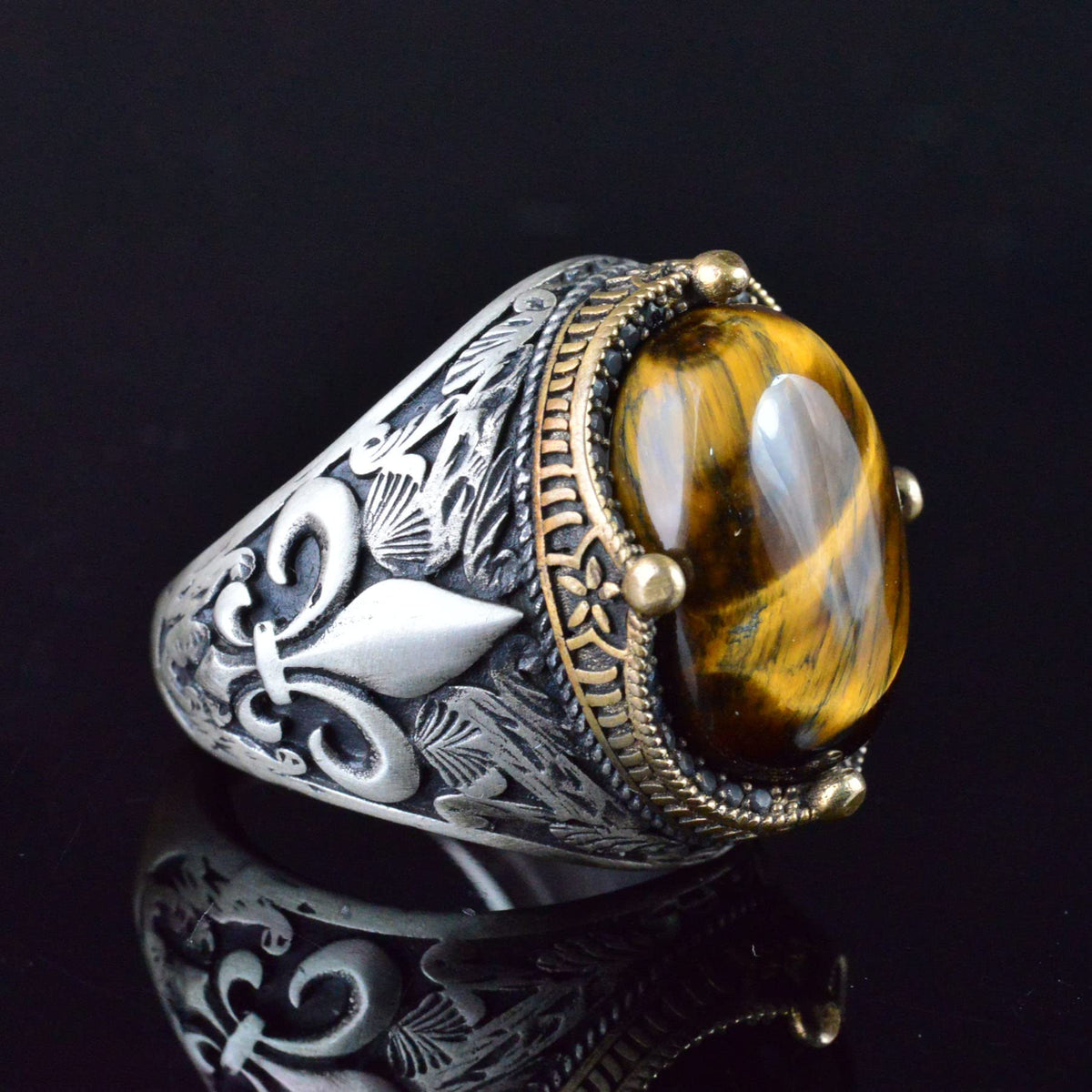 Lily Patterned Silver Ring - 925 Sterling Silver Handmade Men's Jewelry (Tiger Eye) — 4