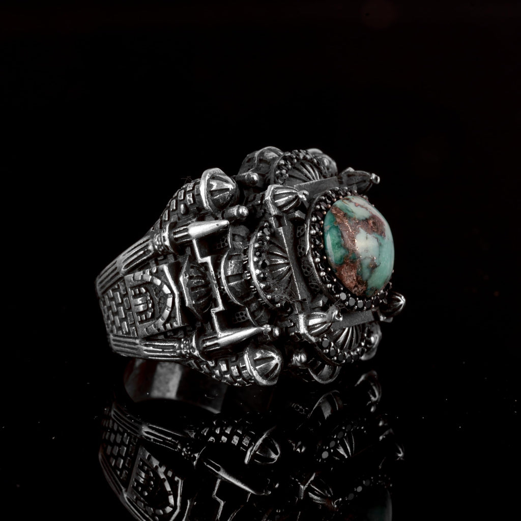 925 Sterling Silver Men's 3D Mosque Ring with Natural Arizona Turquoise Stone — 5