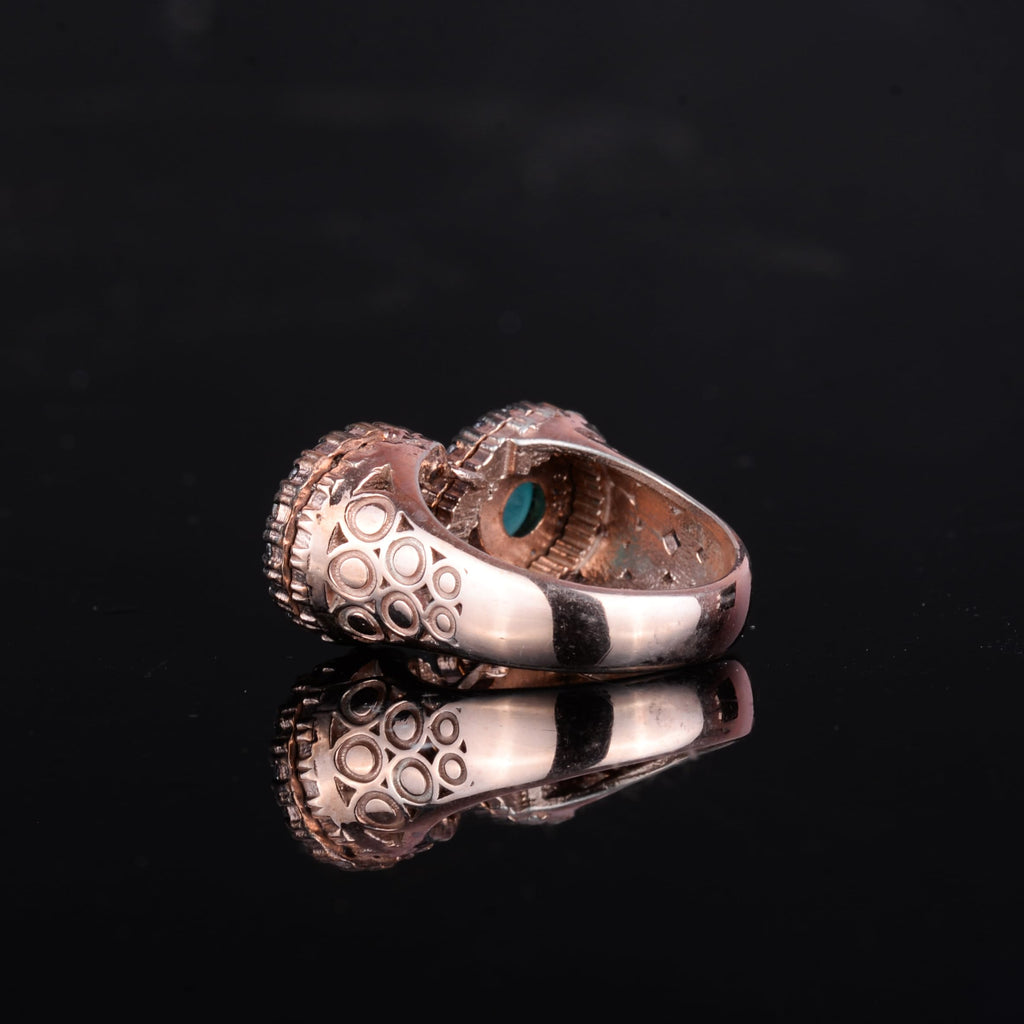 KAMBO 925 Sterling Silver Women's Double Stone Ring – Zircon Halo Rose Gold Plated Green Stone — 7