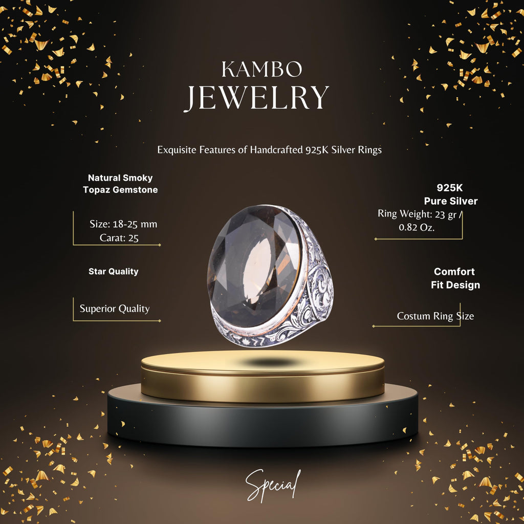 KAMBO Natural Smoky Topaz Stone Large Ring for Men - Faceted Oval Vintage Engraved Statement Ring - 925 Sterling Silver Handmade Men's Jewelry — 2