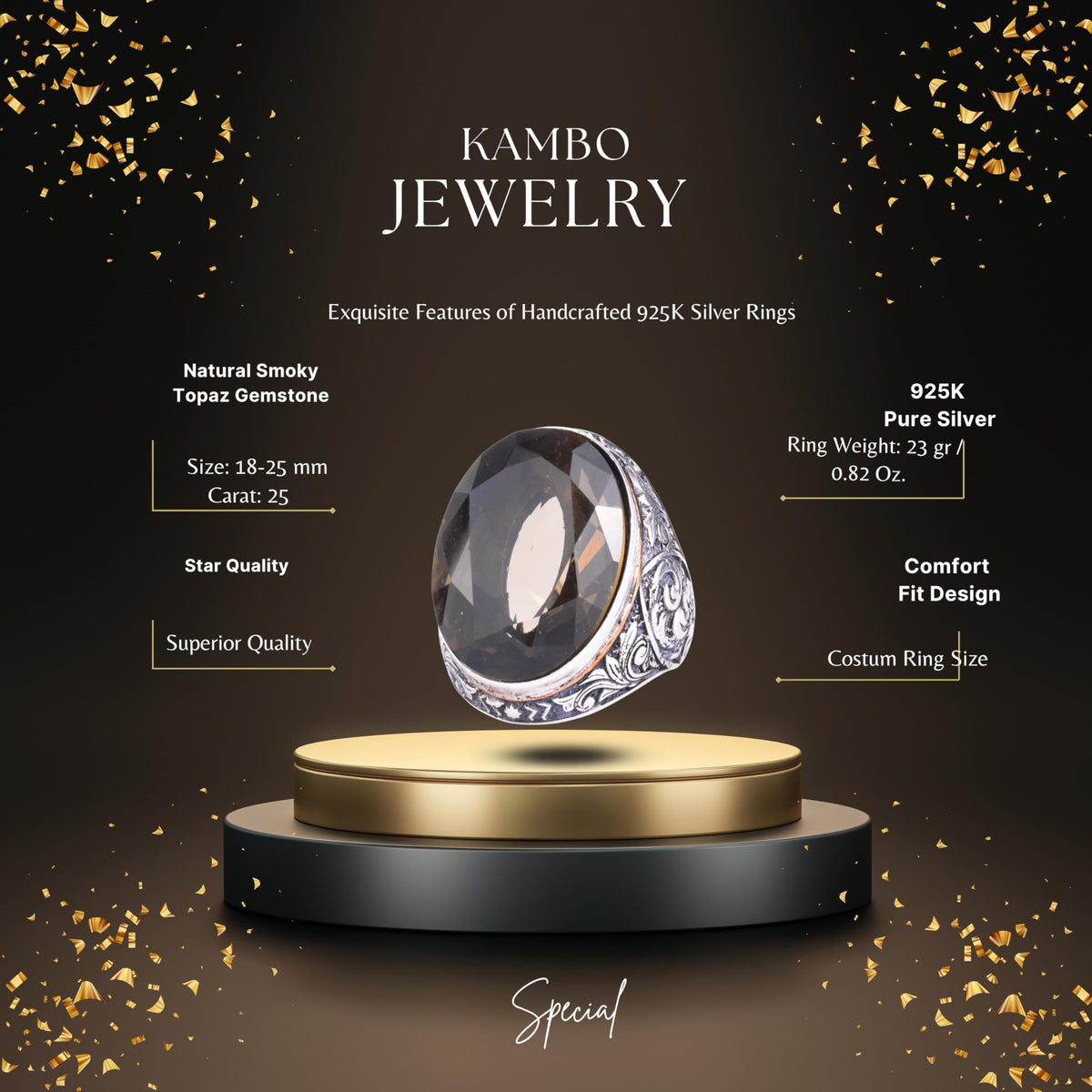 KAMBO Natural Smoky Topaz Stone Large Ring for Men - Faceted Oval Vintage Engraved Statement Ring - 925 Sterling Silver Handmade Men's Jewelry — 2