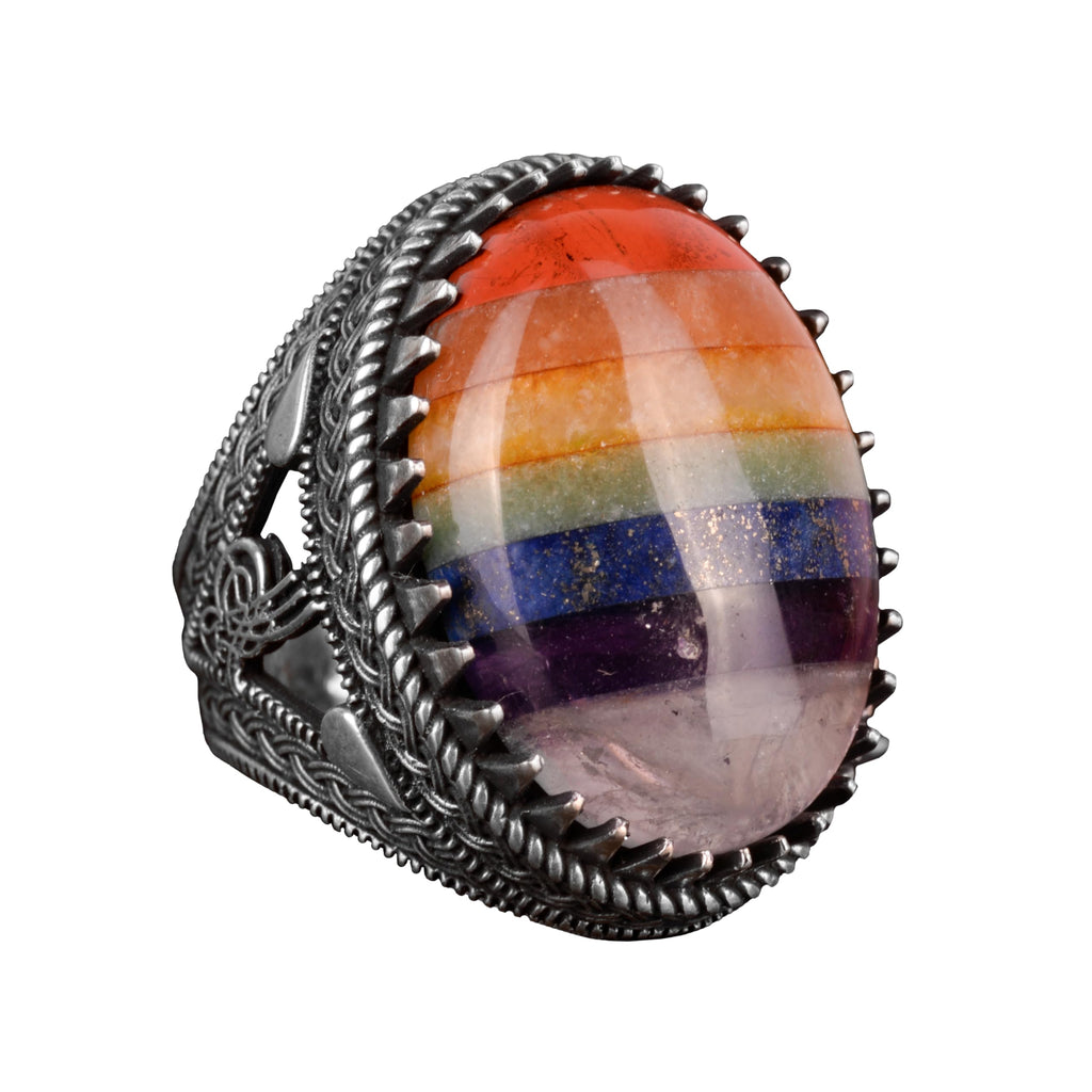925 Sterling Silver Men's Ring, 7 Chakra Natural Stone Ring, Rainbow Ring, Tugra Ring