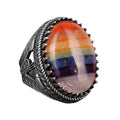 925 Sterling Silver Men's Ring, 7 Chakra Natural Stone Ring, Rainbow Ring, Tugra Ring