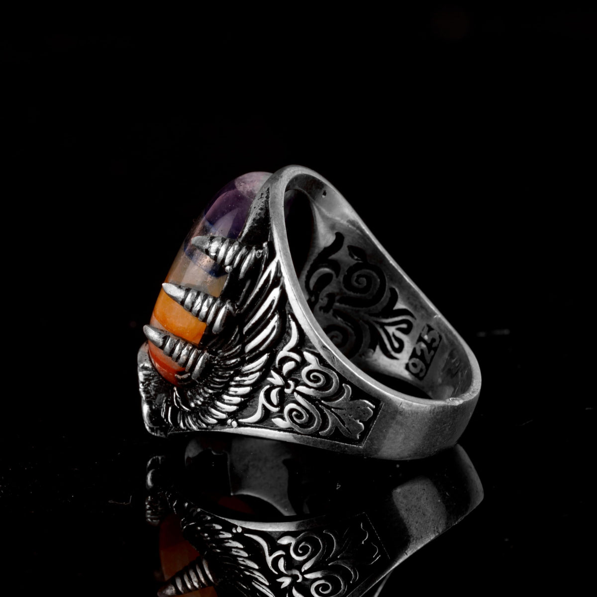 925 Sterling Silver Men's Ring, Hawk Claw Ring, Natural Stone 7 Chakra Ring, Rainbow Ring — 6