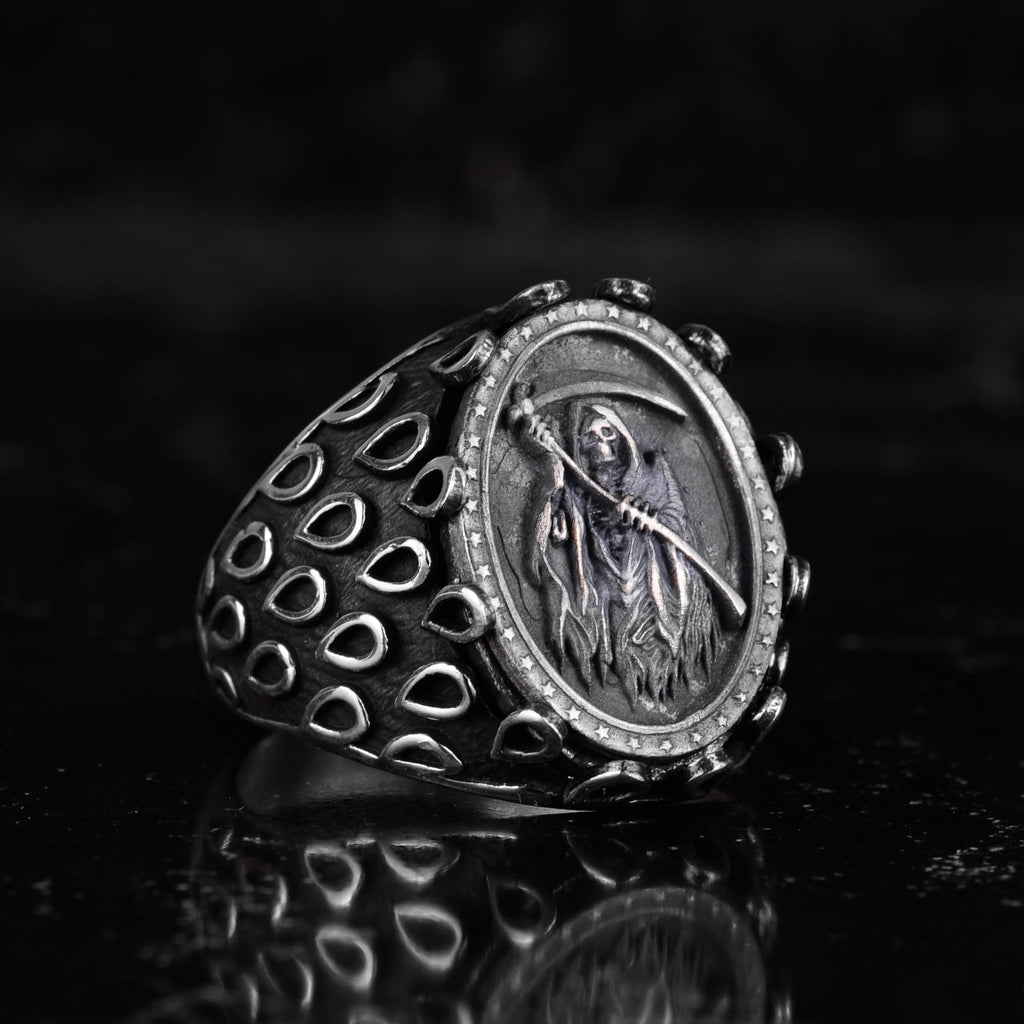 KAMBO Grim Reaper Men's Ring – 925 Sterling Silver Gothic Death Reaper Design – Handmade Dark Fantasy Jewelry – Heavy Statement Ring — 6