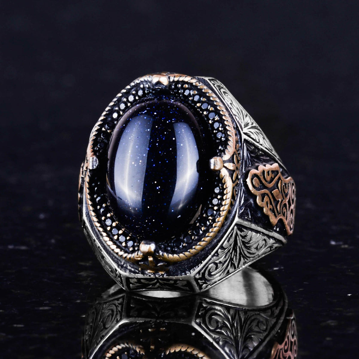 Blue Synthetic Sunstone Ring, 925 Sterling Silver Men's Ring, Stylish Handmade Silver Ring — 5