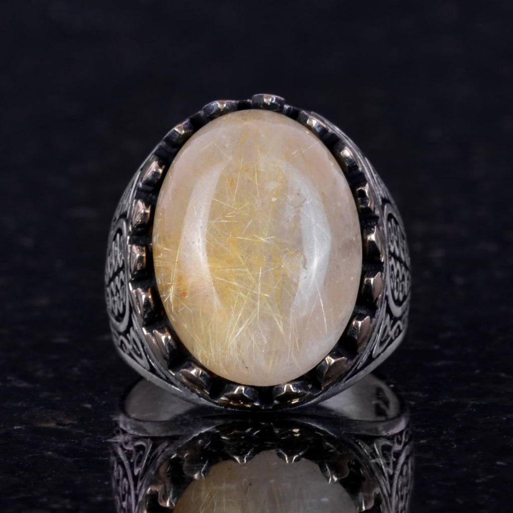 925 Sterling Silver Men's Ring - Handmade Elegance with Gold Rutilated Quartz Stone — 2